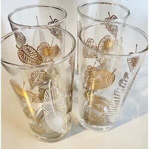 Libbey Tumblers Glasses VTG Gold White Leaves MCM Set of 4 Drinkware Barware